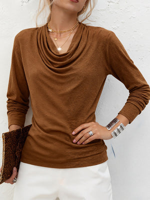 Sleek Gathered Long-Sleeve Mesh Accent Top