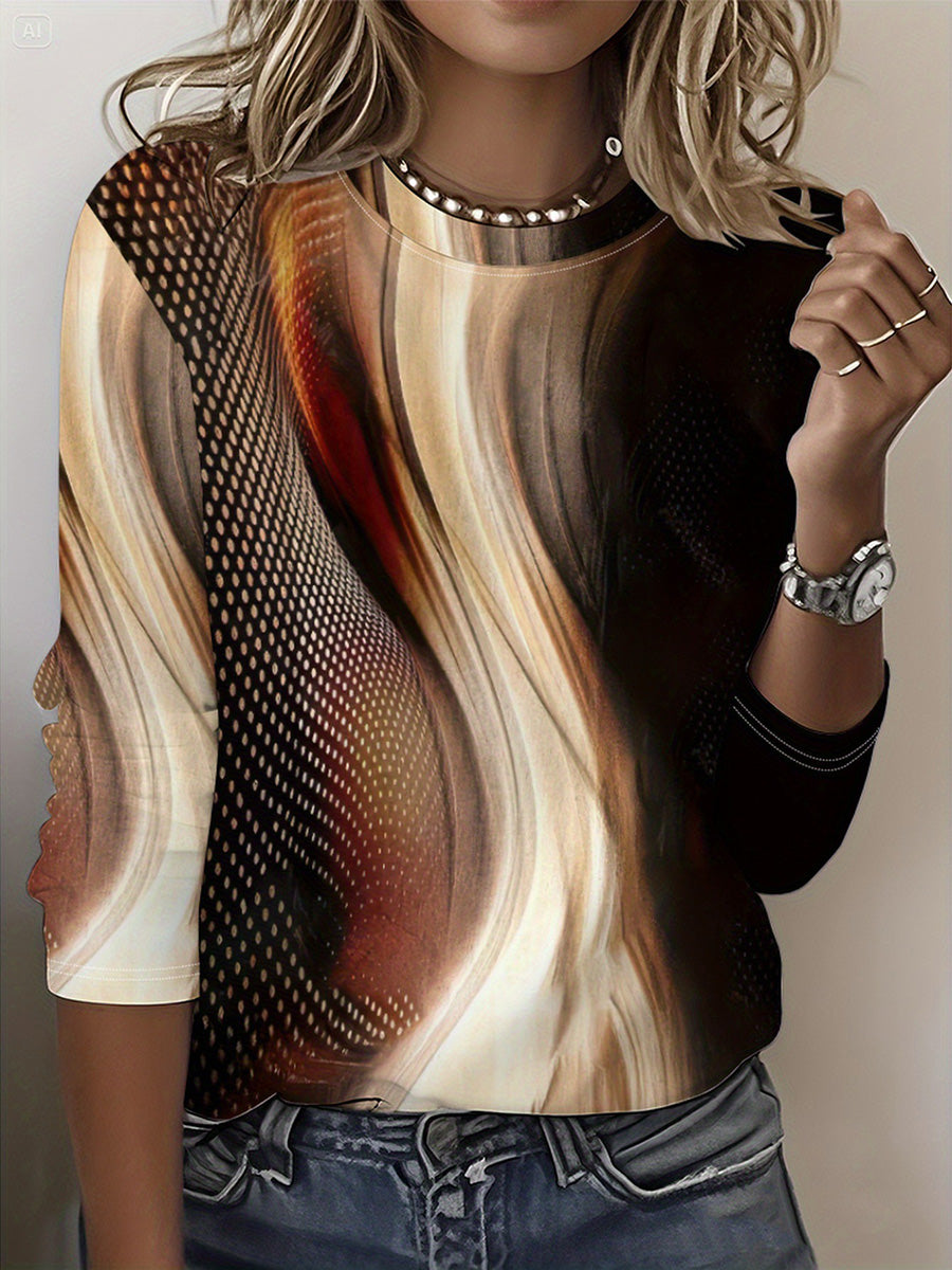 Artistic Print Round Neck Long Sleeve Fashion Top