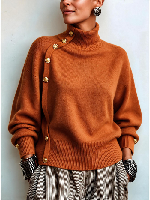 Asymmetric Button Detail Turtleneck Sweater