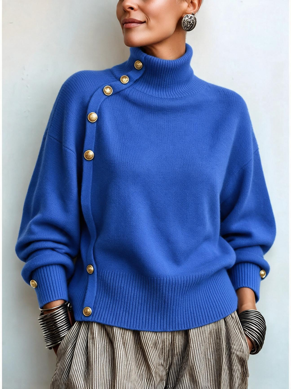 Asymmetric Button Detail Turtleneck Sweater