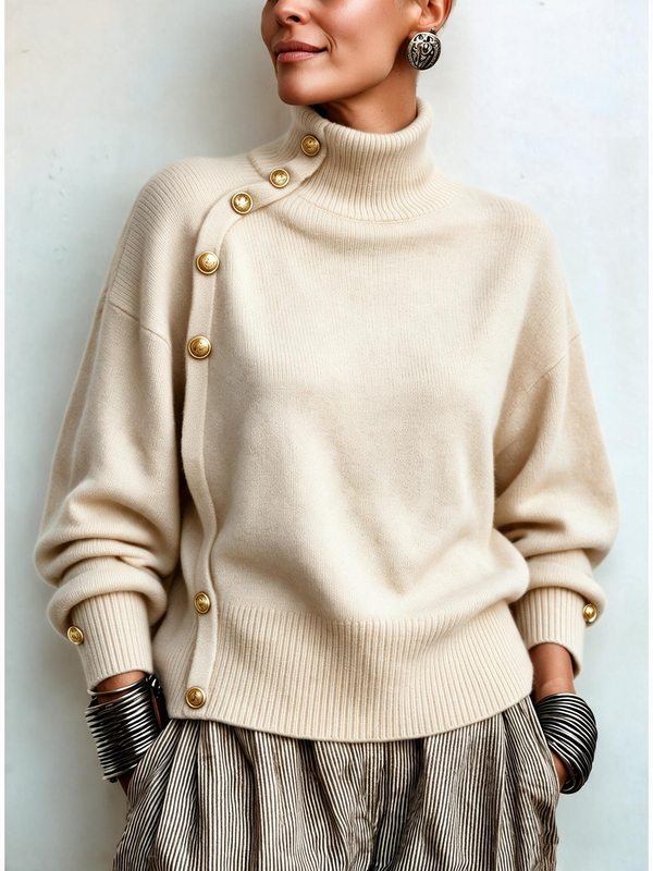 Asymmetric Button Detail Turtleneck Sweater