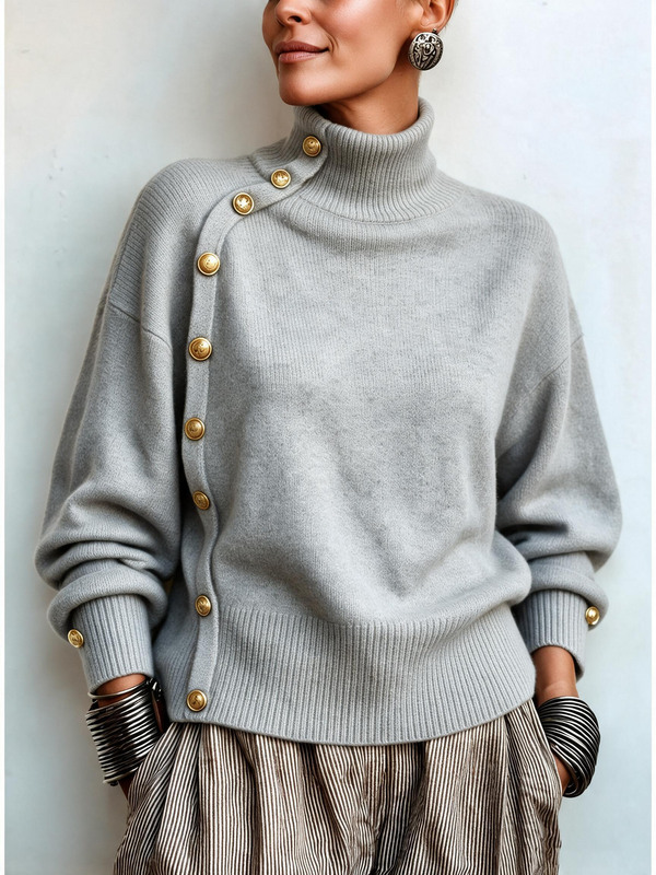 Asymmetric Button Detail Turtleneck Sweater