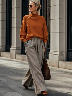 Asymmetric Button Detail Turtleneck Sweater