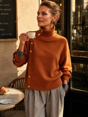 Asymmetric Button Detail Turtleneck Sweater