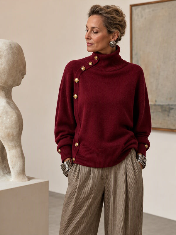 Asymmetric Button Detail Turtleneck Sweater