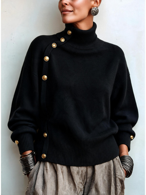 Asymmetric Button Detail Turtleneck Sweater