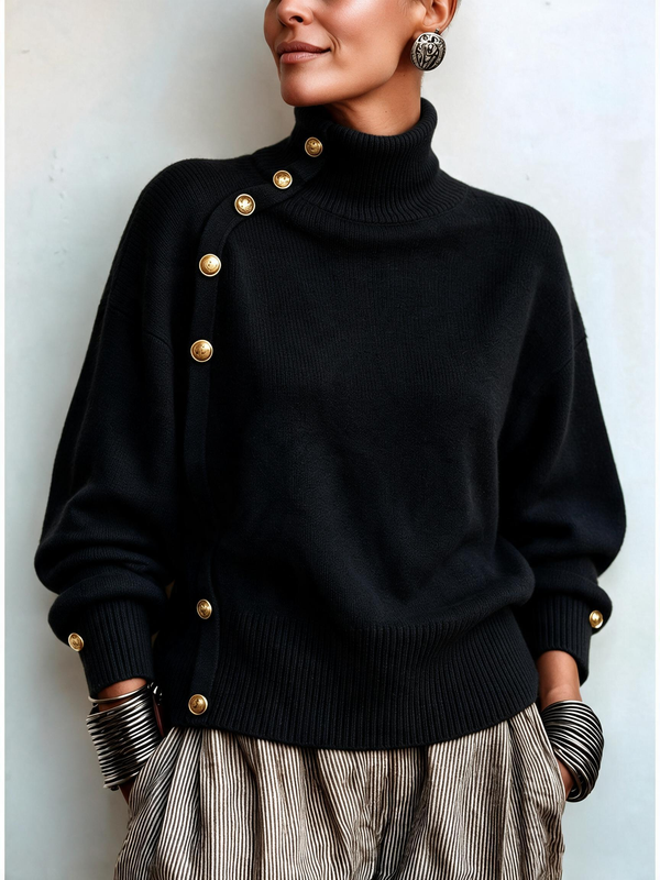 Asymmetric Button Detail Turtleneck Sweater