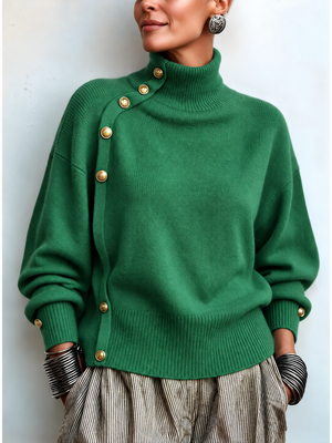 Asymmetric Button Detail Turtleneck Sweater