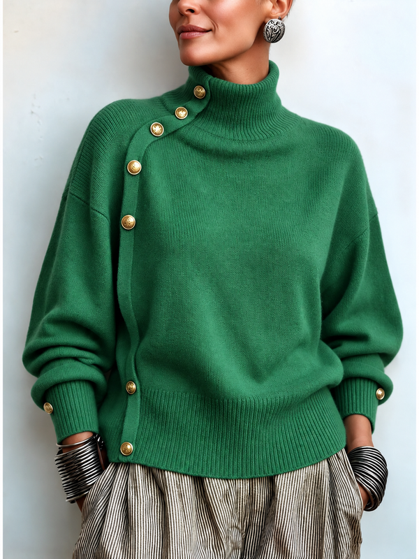 Asymmetric Button Detail Turtleneck Sweater