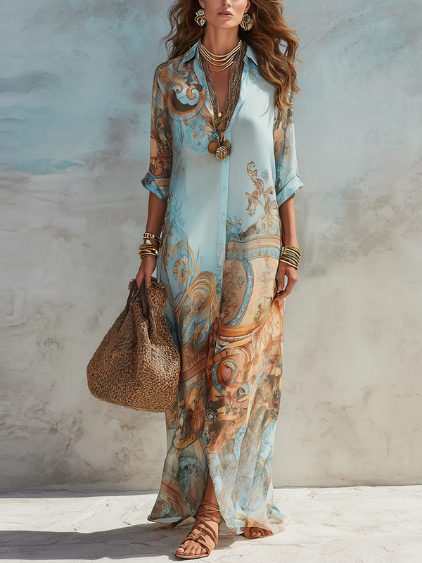 Baroque Style Floral Button Chiffon Maxi Dress