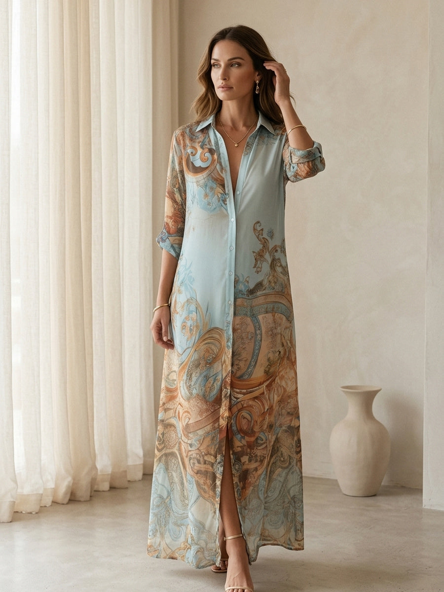 Baroque Style Floral Button Chiffon Maxi Dress