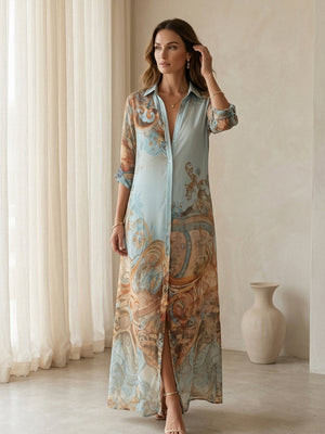 Baroque Style Floral Button Chiffon Maxi Dress