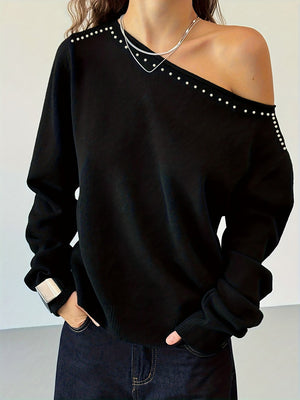 Black Off-Shoulder Knit Long Sleeve Sweater