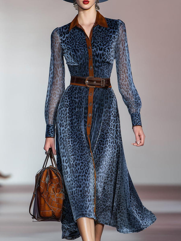 Blue Leopard Print Long Sleeve Midi Dress