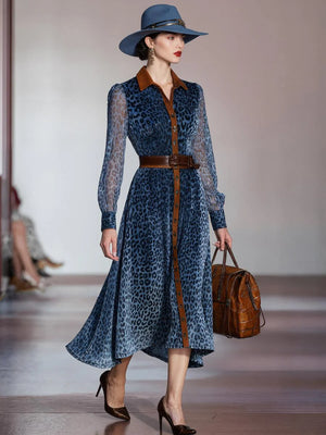 Blue Leopard Print Long Sleeve Midi Dress