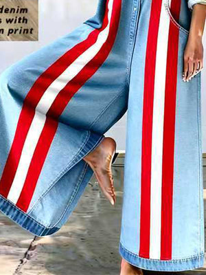 Blue Striped Print Relaxed-Fit Jumpsuit