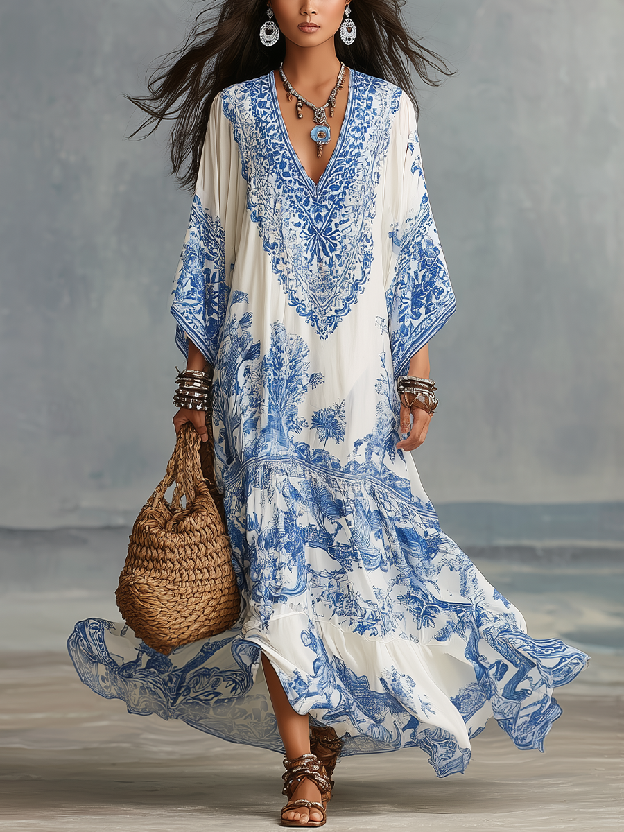 Blue & White Porcelain Inspired V-Neck Maxi Dress
