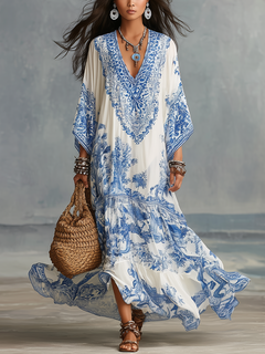 Blue & White Porcelain Inspired V-Neck Maxi Dress