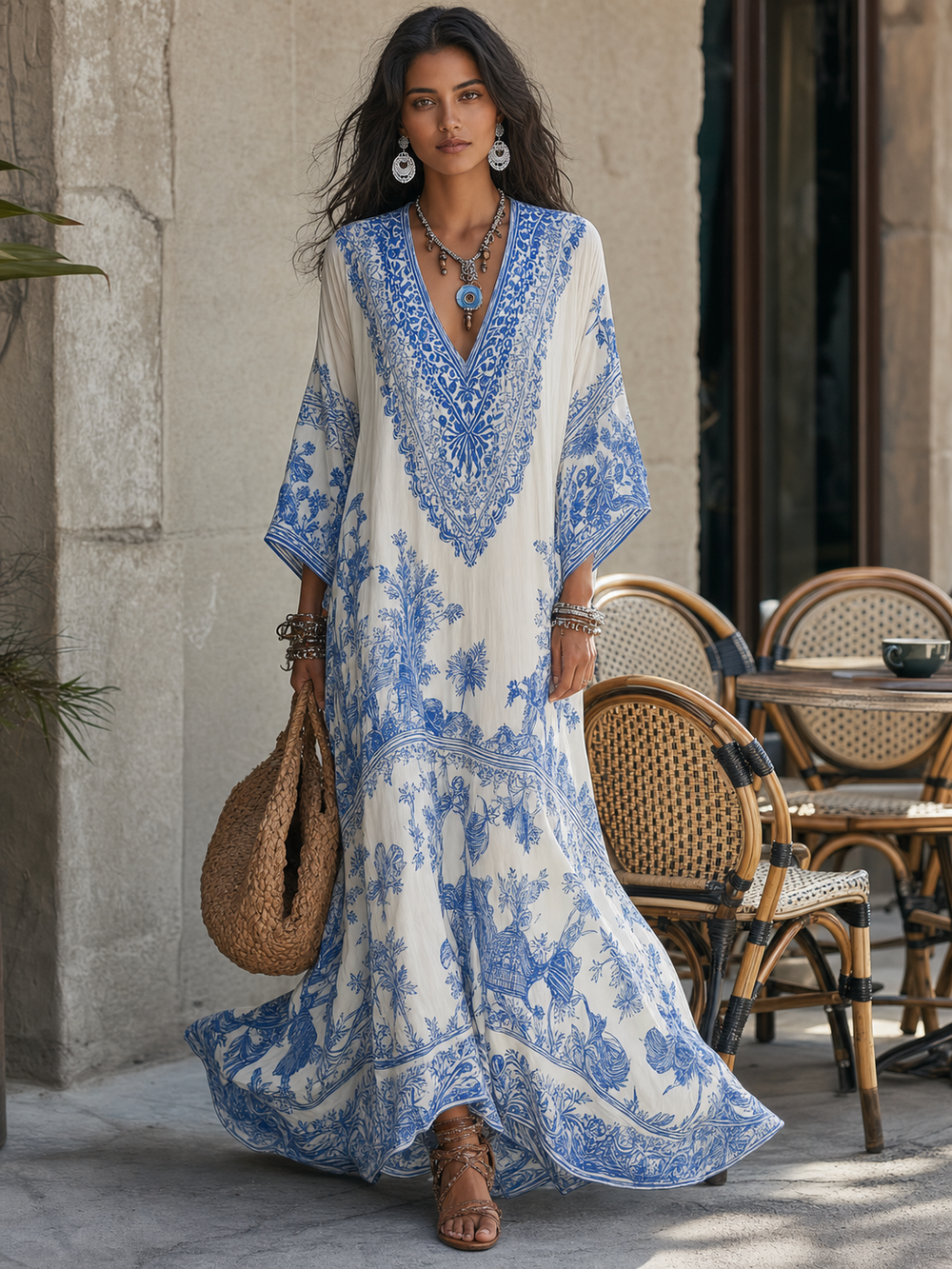 Blue & White Porcelain Inspired V-Neck Maxi Dress
