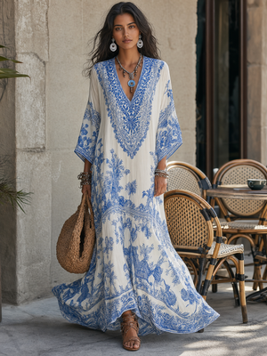 Blue & White Porcelain Inspired V-Neck Maxi Dress