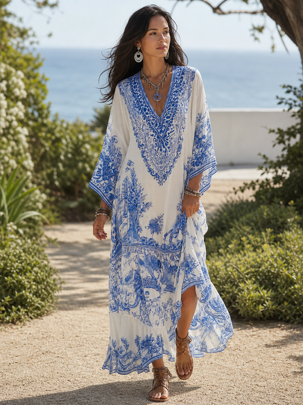 Blue & White Porcelain Inspired V-Neck Maxi Dress