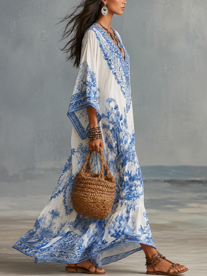 Blue & White Porcelain Inspired V-Neck Maxi Dress