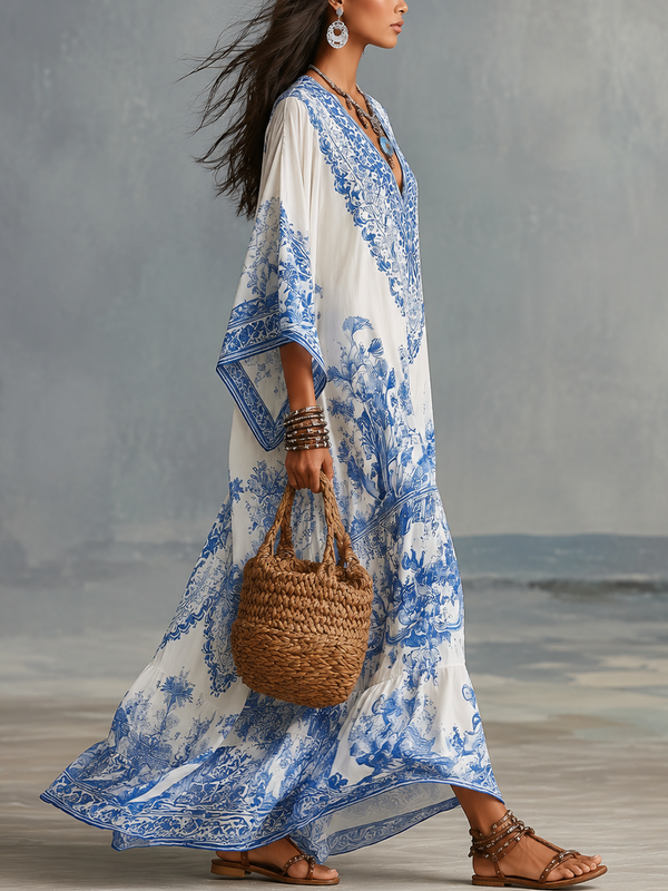 Blue & White Porcelain Inspired V-Neck Maxi Dress