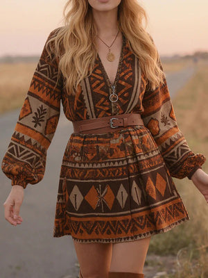 Bohemian Print Long-Sleeve Dress