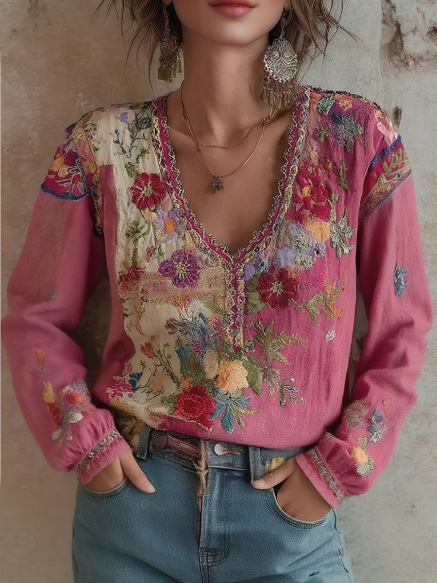 Bohemian Print Relaxed V-Neck Top