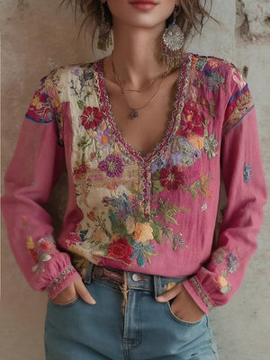 Bohemian Print Relaxed V-Neck Top