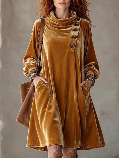 Boho Asymmetric Button Velvet Midi Dress