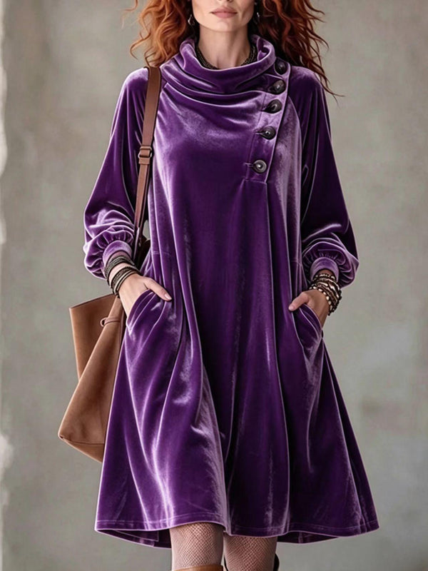Boho Asymmetric Button Velvet Midi Dress