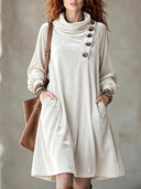 Boho Asymmetric Button Velvet Midi Dress