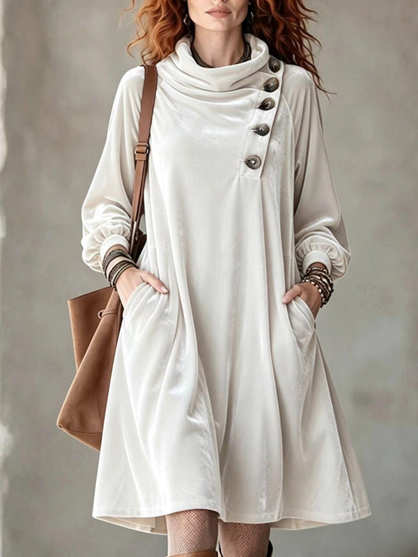 Boho Asymmetric Button Velvet Midi Dress