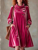 Boho Asymmetric Button Velvet Midi Dress