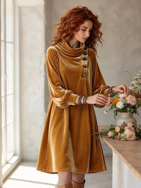 Boho Asymmetric Button Velvet Midi Dress