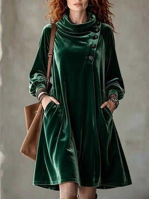 Boho Asymmetric Button Velvet Midi Dress