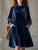 Boho Asymmetric Button Velvet Midi Dress