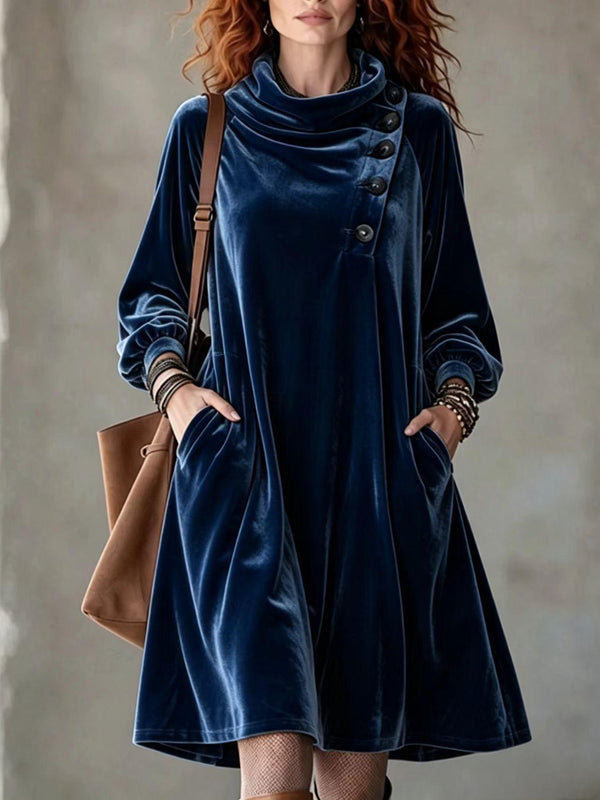 Boho Asymmetric Button Velvet Midi Dress