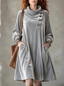Boho Asymmetric Button Velvet Midi Dress