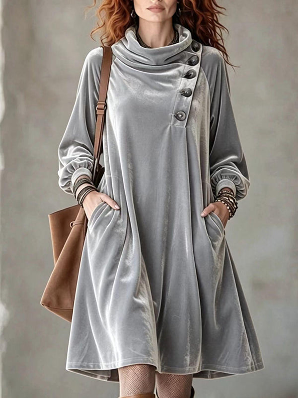 Boho Asymmetric Button Velvet Midi Dress