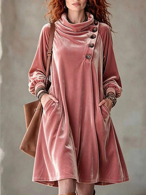 Boho Asymmetric Button Velvet Midi Dress