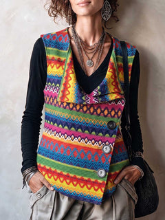 Boho Geometric Asymmetric Button Knit Vest