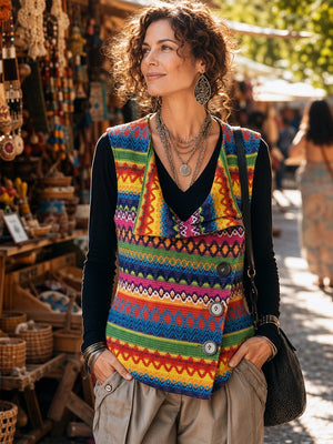 Boho Geometric Asymmetric Button Knit Vest