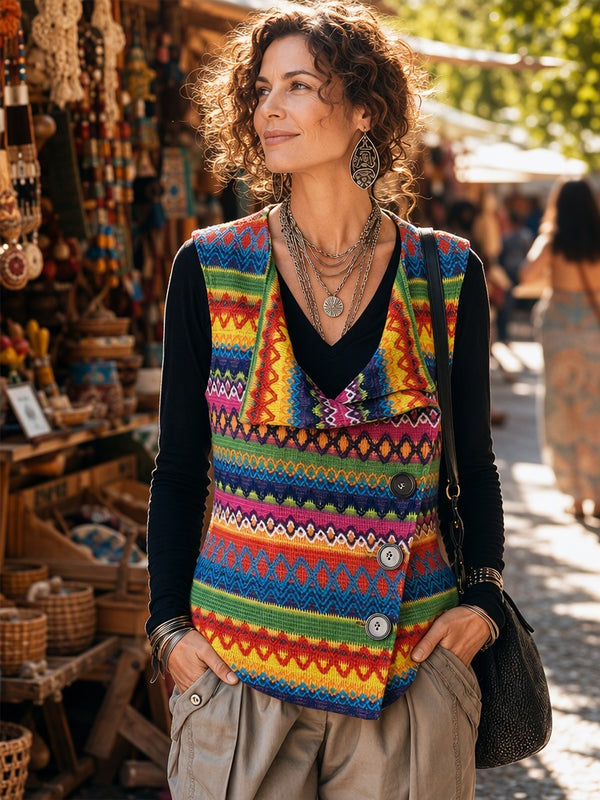 Boho Geometric Asymmetric Button Knit Vest