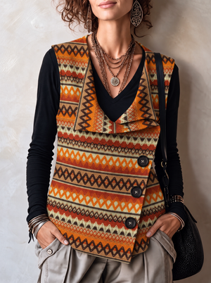 Boho Geometric Asymmetric Button Knit Vest