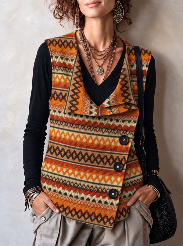 Boho Geometric Asymmetric Button Knit Vest