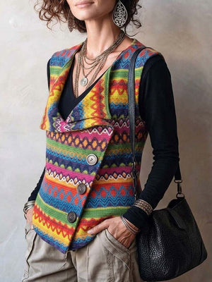 Boho Geometric Asymmetric Button Knit Vest