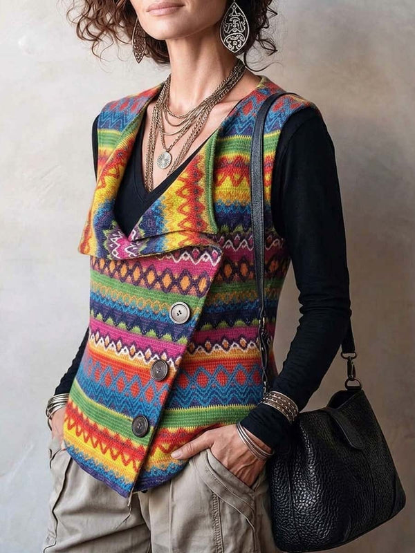 Boho Geometric Asymmetric Button Knit Vest