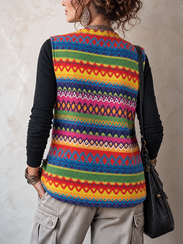 Boho Geometric Asymmetric Button Knit Vest